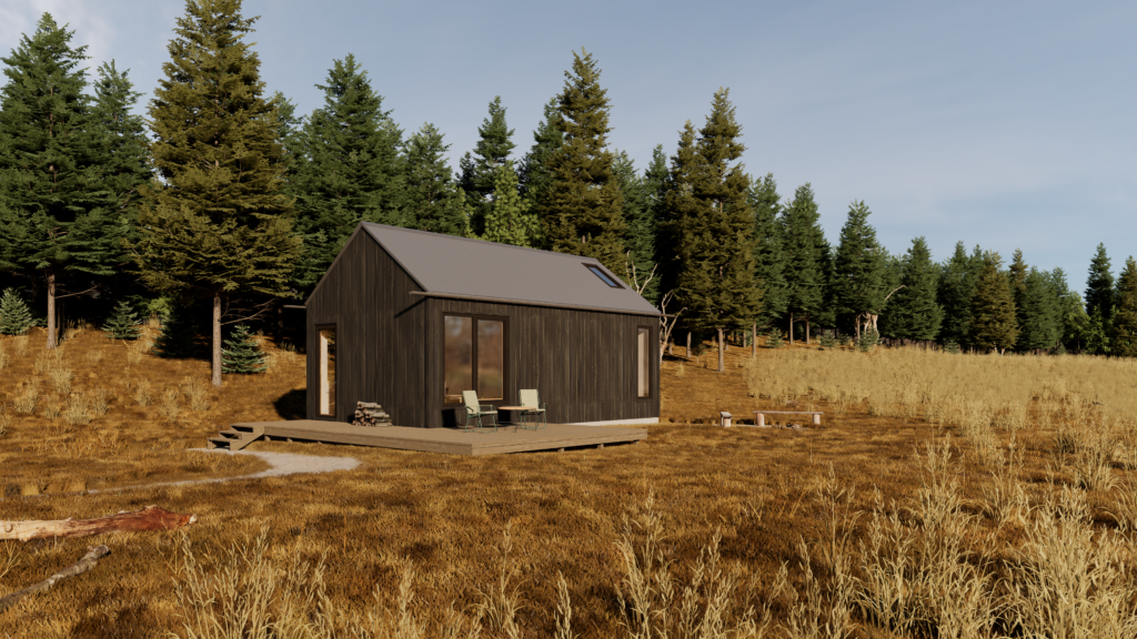 small building in open field with dark wood paneling