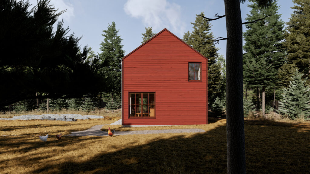 exterior shot of red paneled building