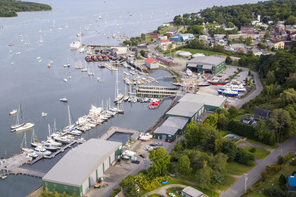 Aerials of Front Street Shipyard in Belfast, Maine.