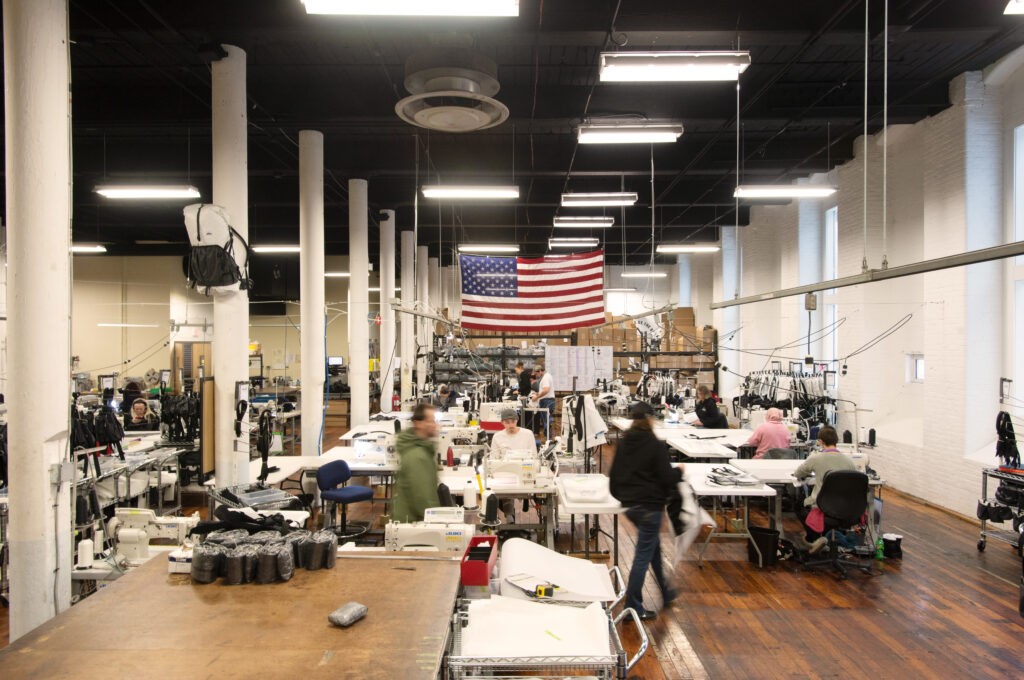Time lapse image of working in Hyperlite Mountain Gear manufacturing location in Biddeford, ME