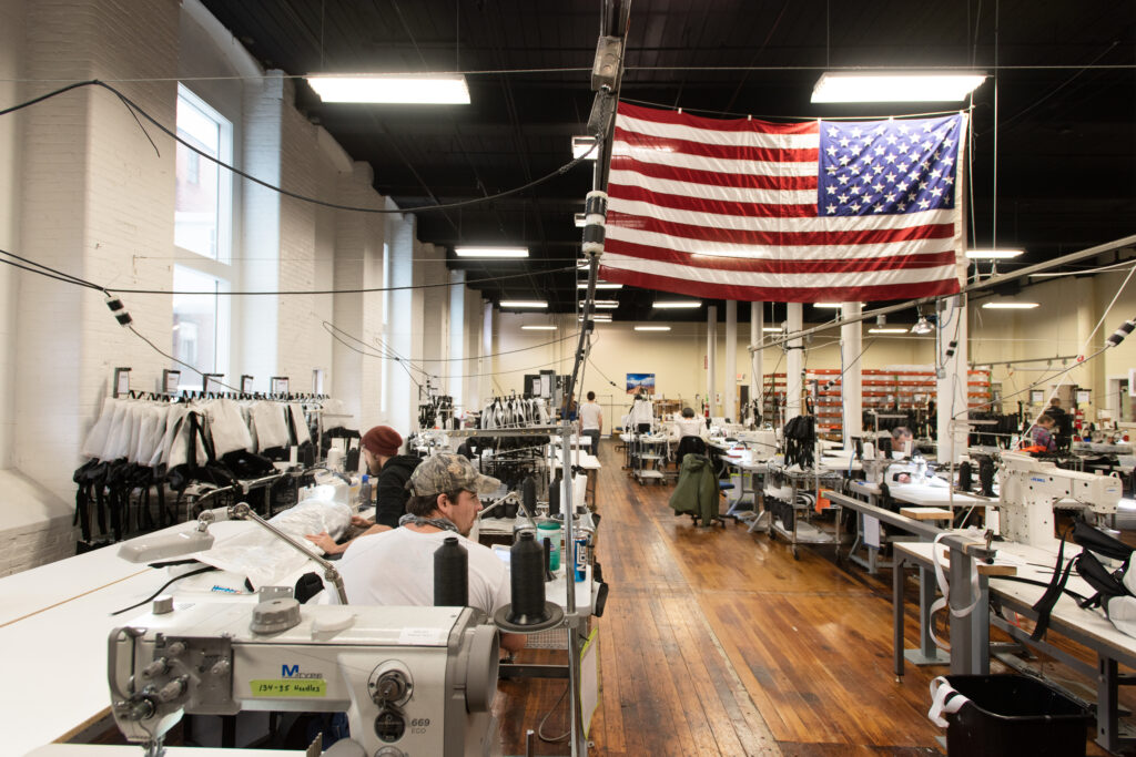 shot of sewing stations in manufacturing facility
