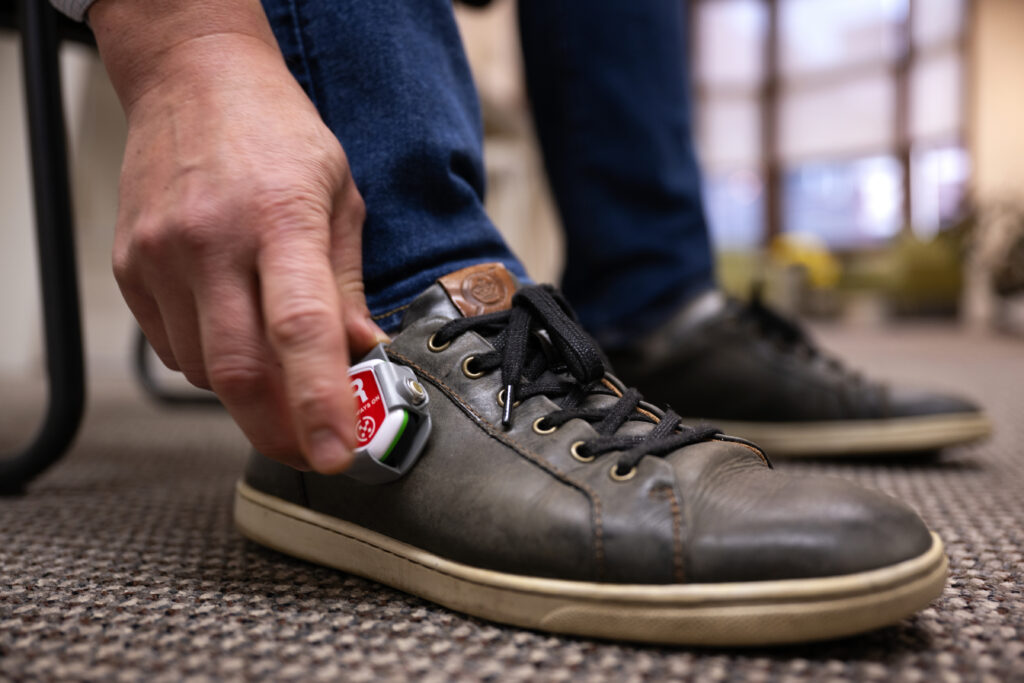 close up of MEDRhythms device equipped on shoe