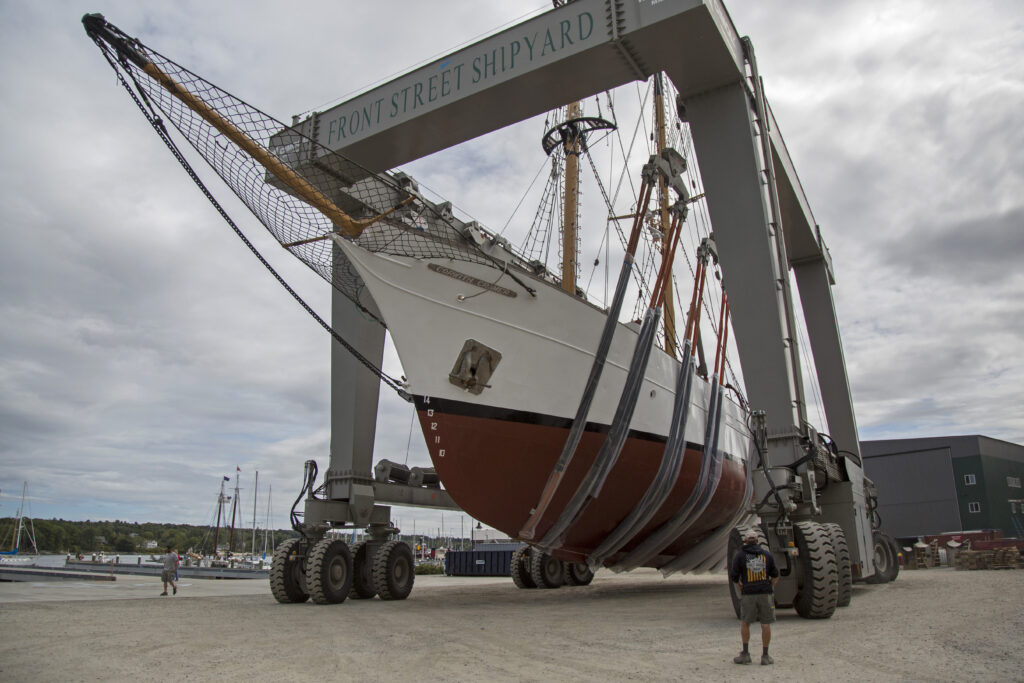 Launching the Corwith Cramer at Front Street Shipyard, Belfast, ME