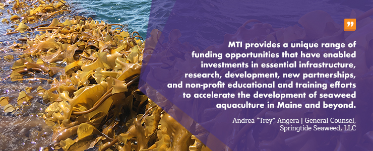 “MTI provides a unique range of funding opportunities that have enabled investments in essential infrastructure, research, development, new partnerships, and non-profit educational and training efforts to accelerate the development of seaweed aquaculture in Maine and beyond.” Andrea “Trey” Angera | General Counsel, Springtide Seaweed, LLC